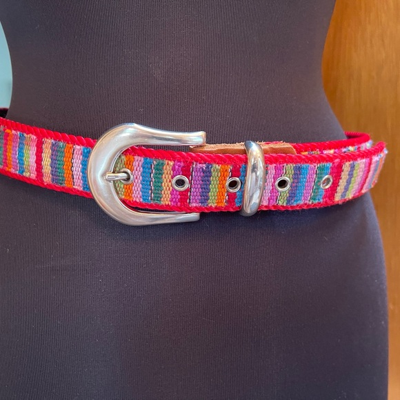 Vibrant Multicolor Striped Belt with Silver Buckle - Picture 1 of 8